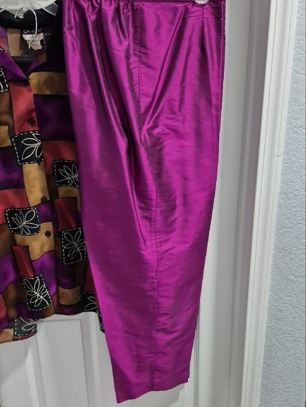 Casual Patchwork Satin Top- Purple Multi And Matching Valerie Stevens Slacks - Picture 4 of 4
